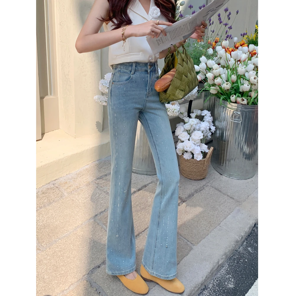 【璀璨流光】小个子秋季新款高腰时尚烫钻修身不贴腿微喇牛仔裤女