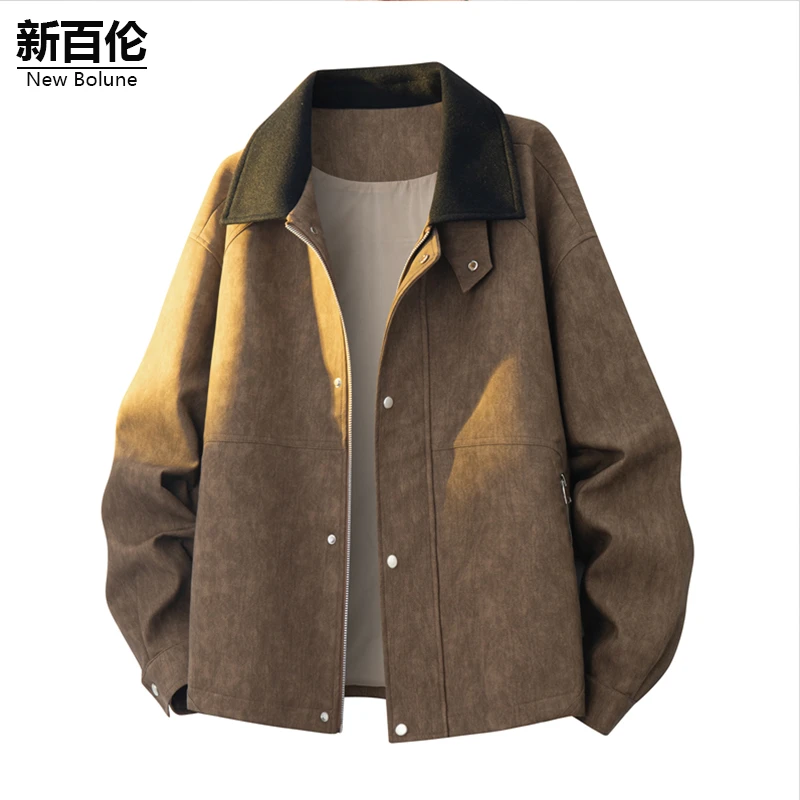 新百伦/NEW BOLUNE秋季复古夹克男秋冬痞帅工装翻领原色加绒外套