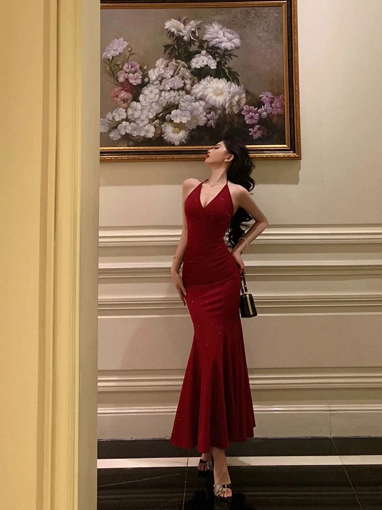 洛神玫瑰纯欲夏季连衣裙显瘦包臀挂脖连衣裙9355