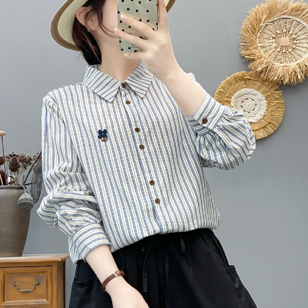 Huangxiaoqi Cowboy纯棉条纹日系文艺刺绣衬衫女宽松百搭86639