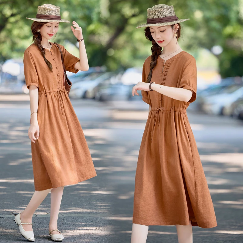 休闲文艺抽绳收腰连衣裙女2025年夏季新款洋气简约显瘦中长款裙子