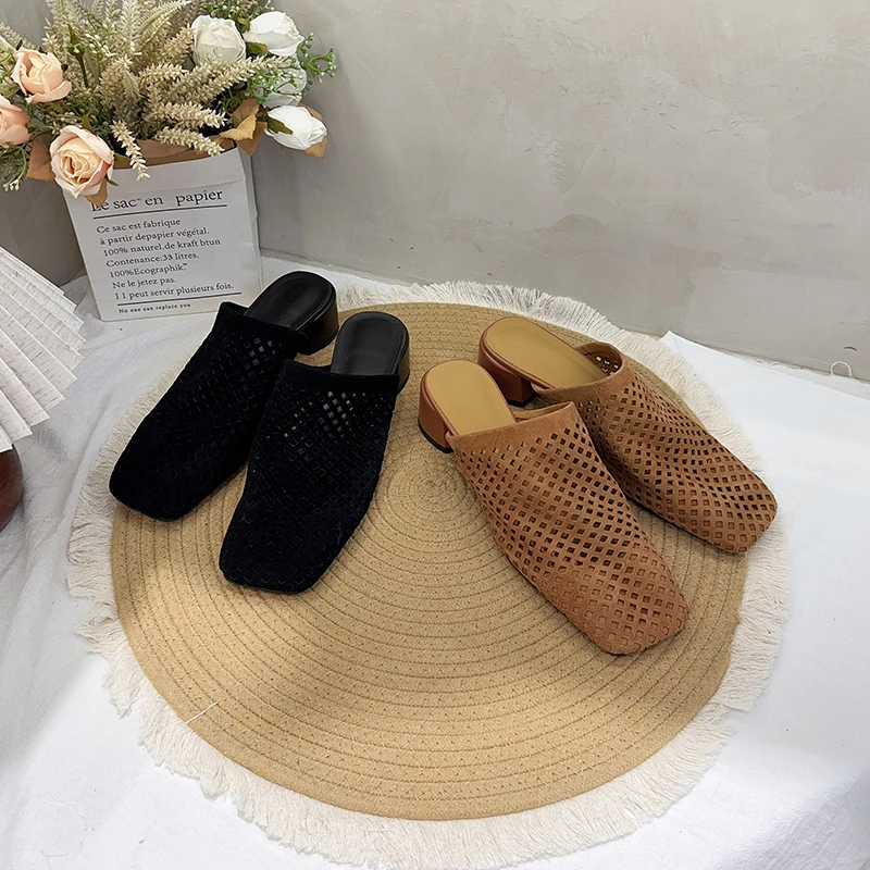 W209-5新款夏季打孔法式复古透气手工鞋软皮软面百搭原创真皮拖鞋