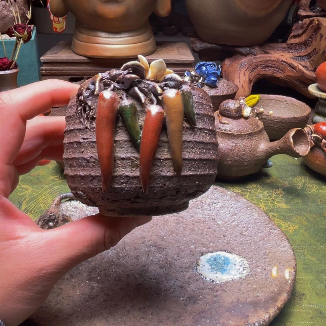 任*纯手工原矿粗陶辣椒弥勒杯