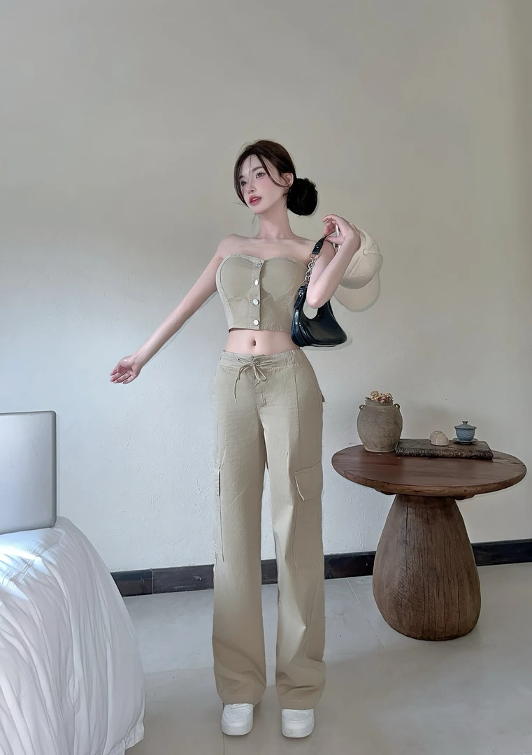 纯欲时尚套装女复古性感抹胸背心两件套休闲高腰显瘦工装阔腿长裤