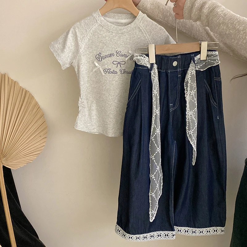 韩版女童夏季新款刺绣结短袖2025花边蕾丝飘带休闲百搭阔腿牛仔裤