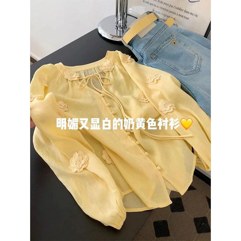 立体花朵纯色衬衣女2025春季韩版新款V领长袖上衣宽松洋气衬衫潮