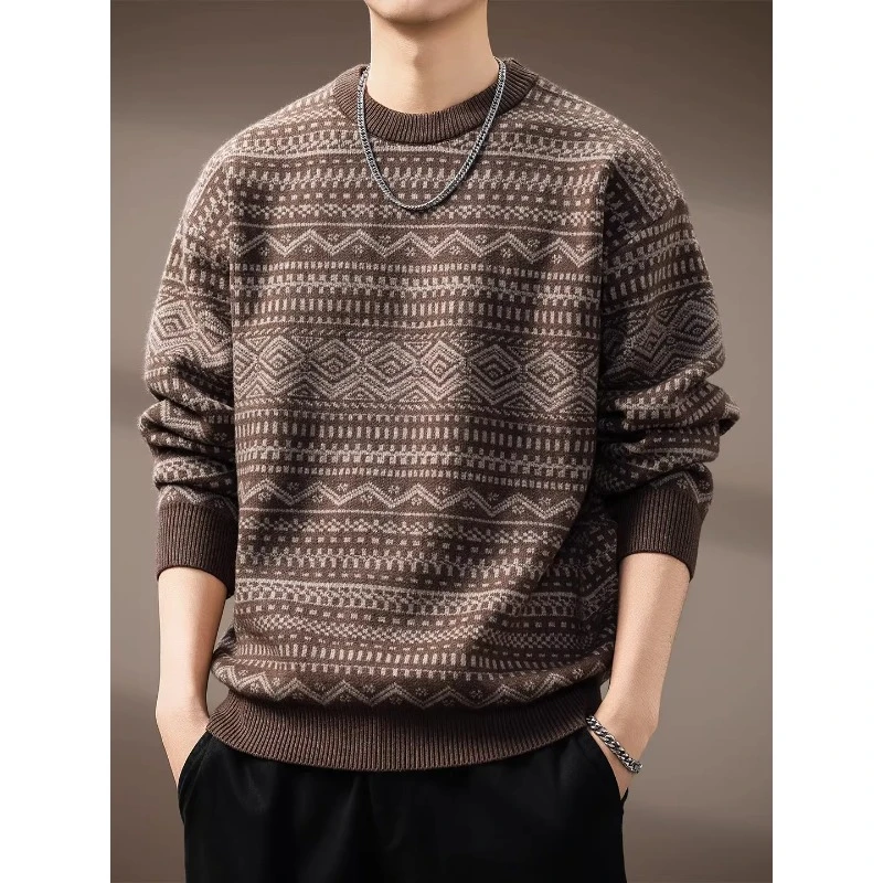 MR.MUDI/穆迪先生针织毛衣男士秋季美式复古圆领宽松提花打底毛衫