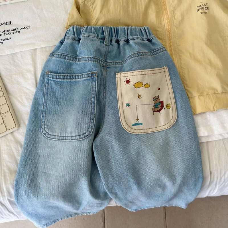 夏季新款男女童韩版牛仔裤儿童卡通口袋印花直筒裤中小童宽松长裤