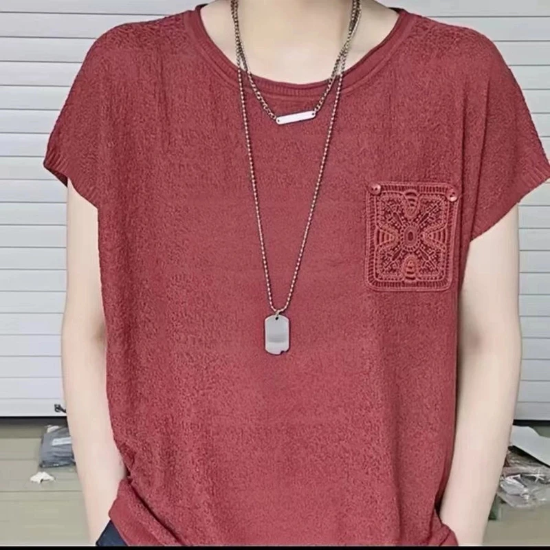 2025夏季新款女士装盘花纽扣口袋短袖纯色宽松圆领洋气打底衫