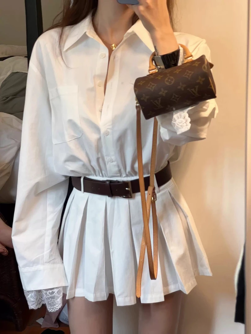 胖mm白色蕾丝拼接连衣裙春季新款设计感时尚显瘦气质衬衣裙2822