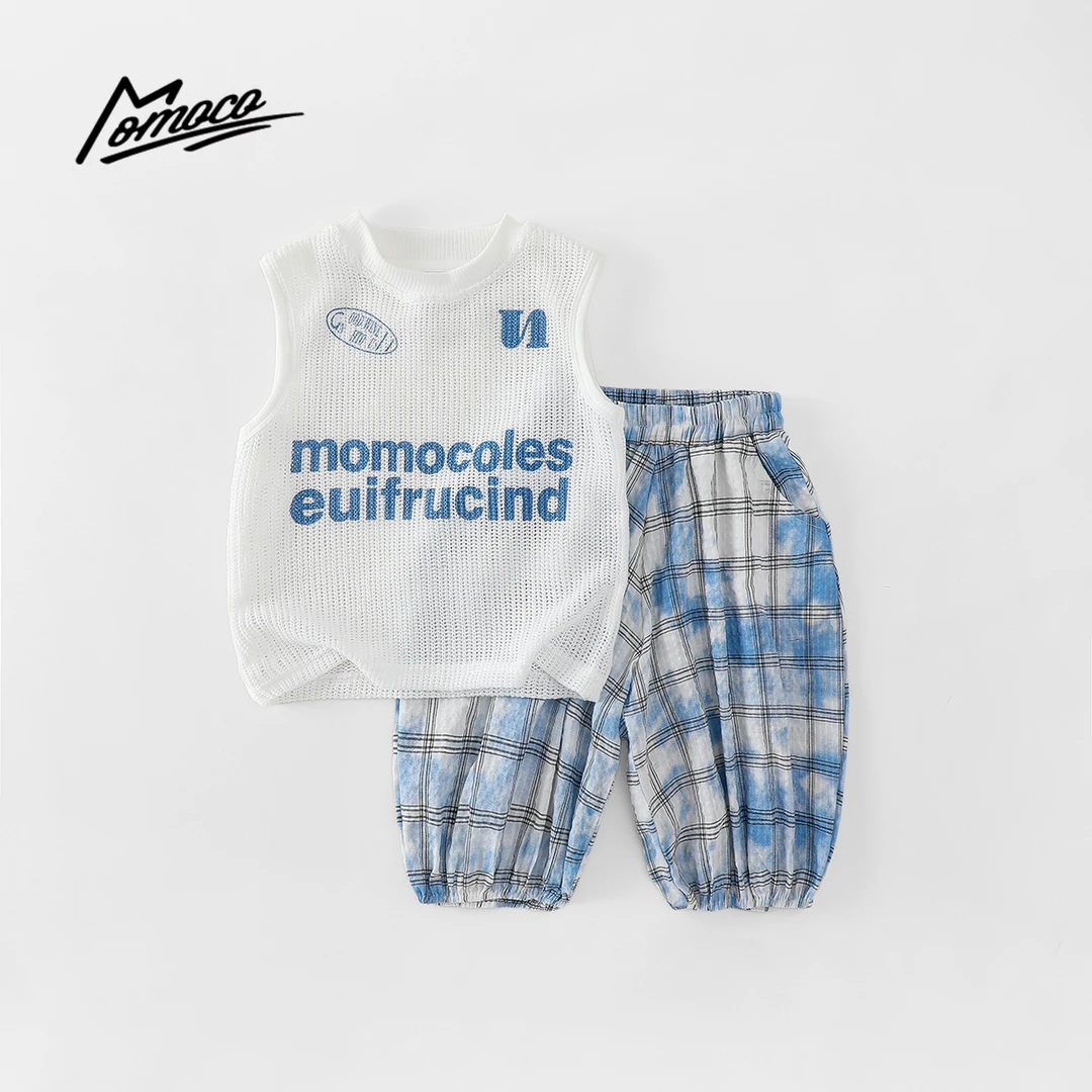 MOMOCO男童夏季无袖针织字母背心休闲七分裤薄款套装77230578732