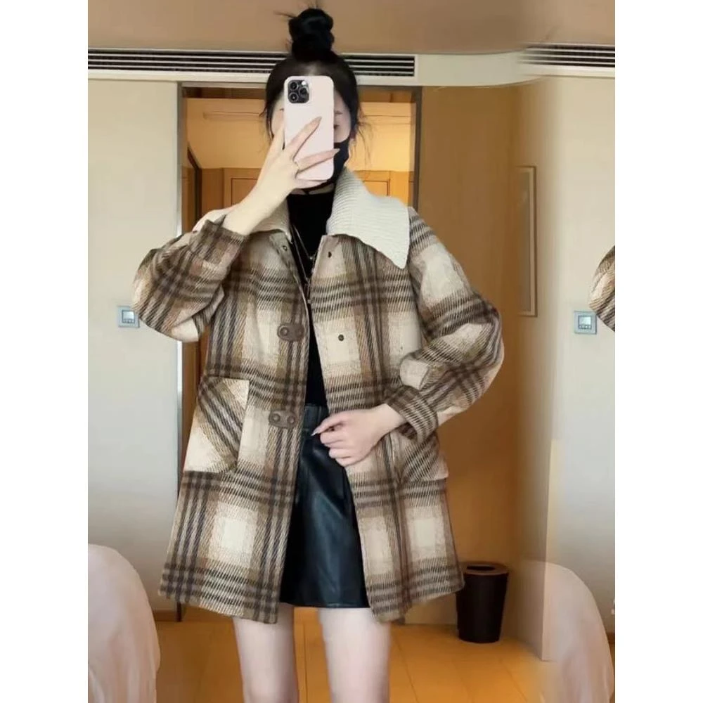 格子毛呢外套女2025冬季新款时髦洋气显瘦中长款夹棉加厚呢子大衣