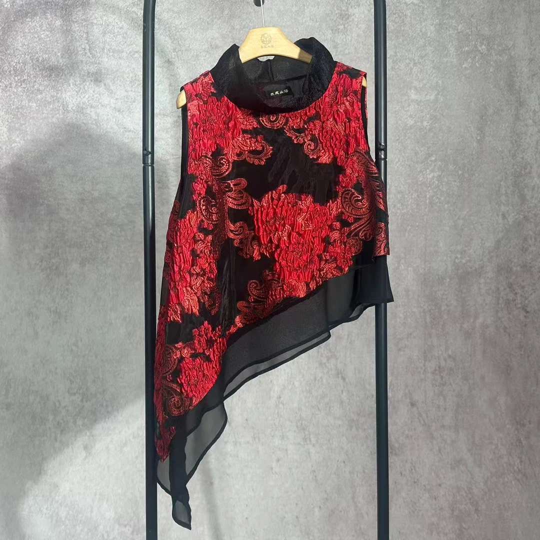 【焕夏墨晨】BF250418-2酒红色定位花欧根纱刺绣拼接黑纱马甲