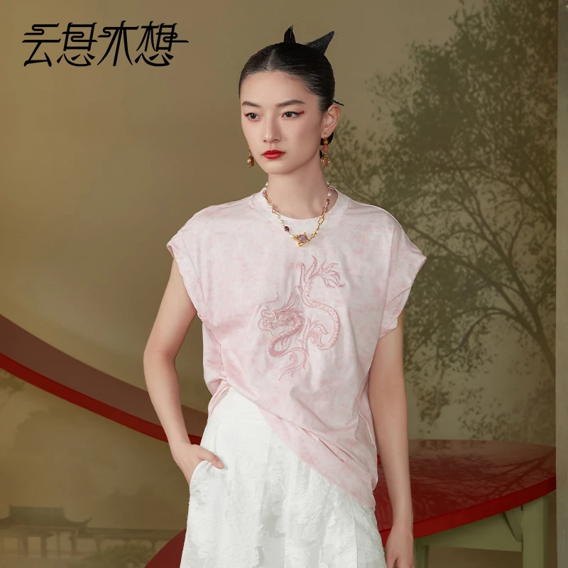 Ysimo-X云思木想原创中国风2024夏季玉龙飞舞绣花钉珠T恤11786