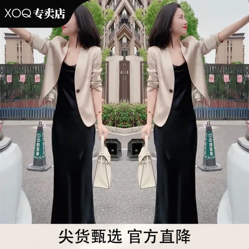 XOQ爆款时尚西服套装裙女2025春季新款高端醋酸显瘦外套吊带裙