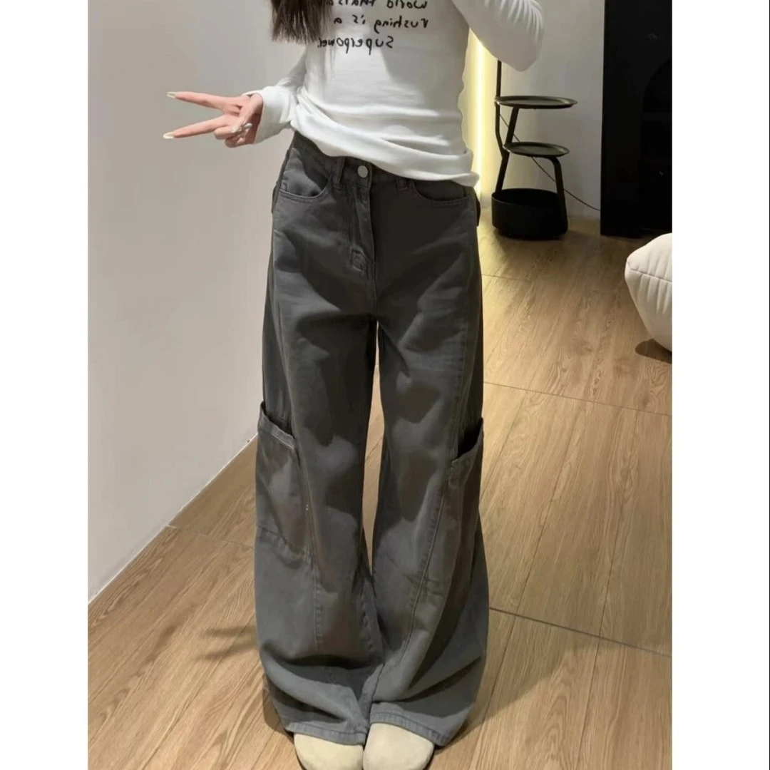 2025秋款潮流美式复古高街显瘦阔腿牛仔工装裤显瘦垂感高腰阔腿裤