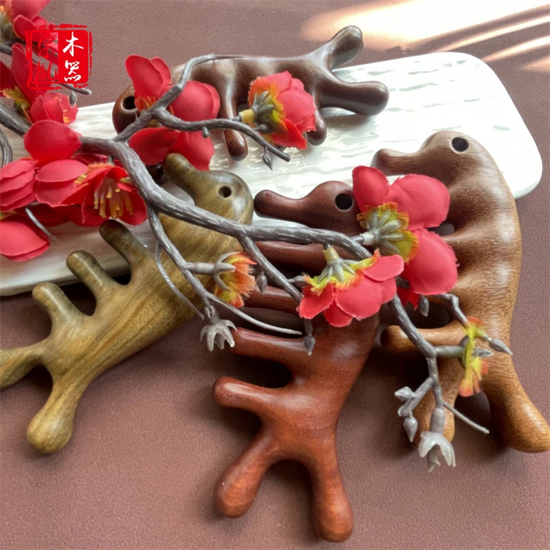 海马檀木按摩梳子头部宽齿经络梳牛角紫檀海豚五齿梳全身通用