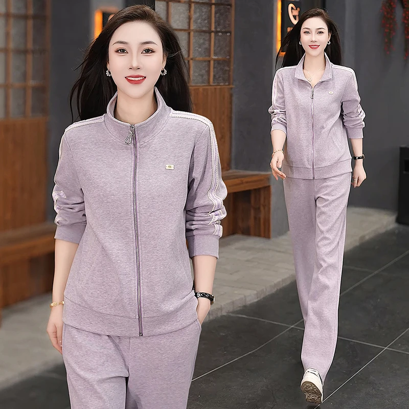 加绒运动服套装女春秋感立领开衫大码春季减龄宽松显瘦休闲两件套