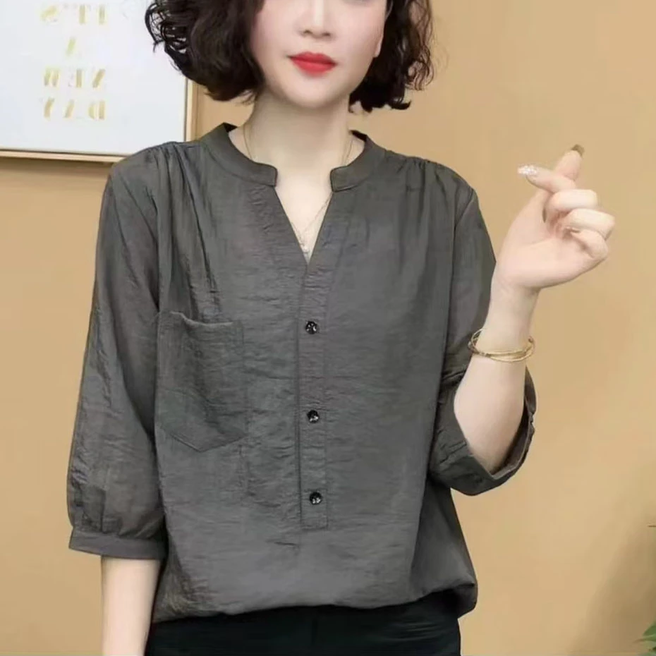 妈妈装时尚休闲显瘦上衣春夏新品百搭中袖七分袖宽松显瘦薄款衬衣