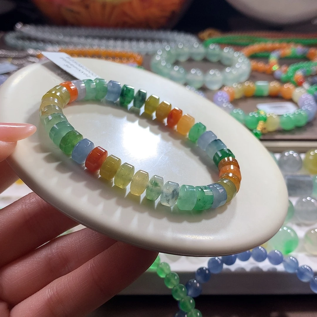 翡翠未镶嵌手链胶润细腻浓艳彩虹桶珠卡7.5