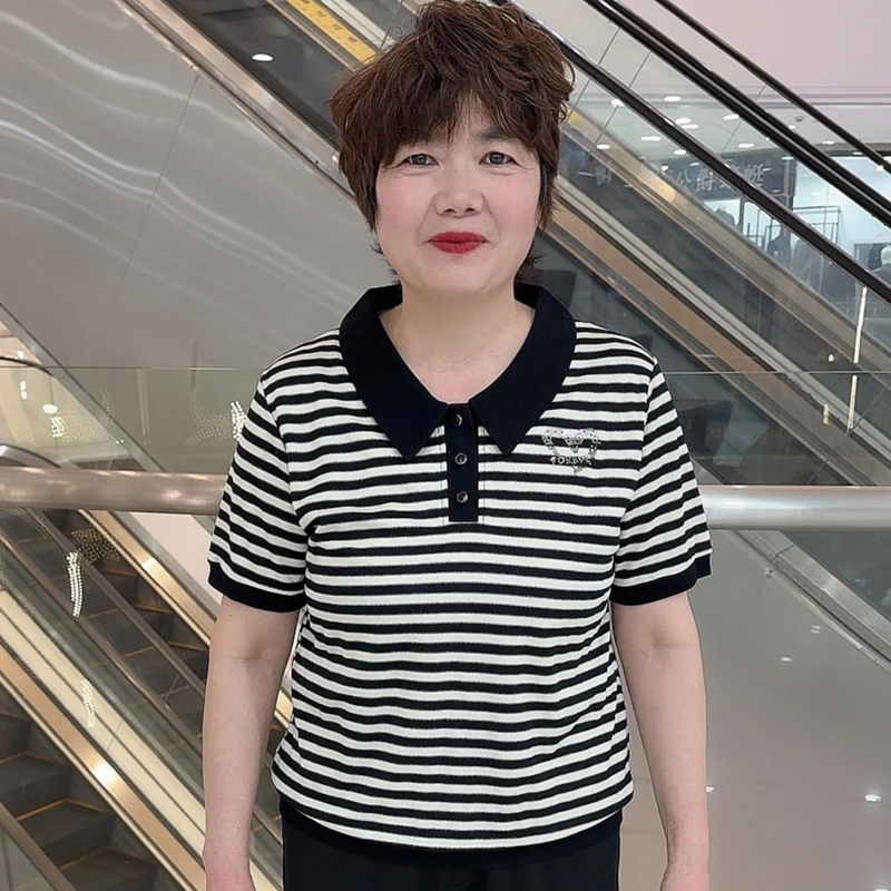 T823 夏季中老年洋气妈妈装休闲宽松条纹百搭翻领短袖上衣