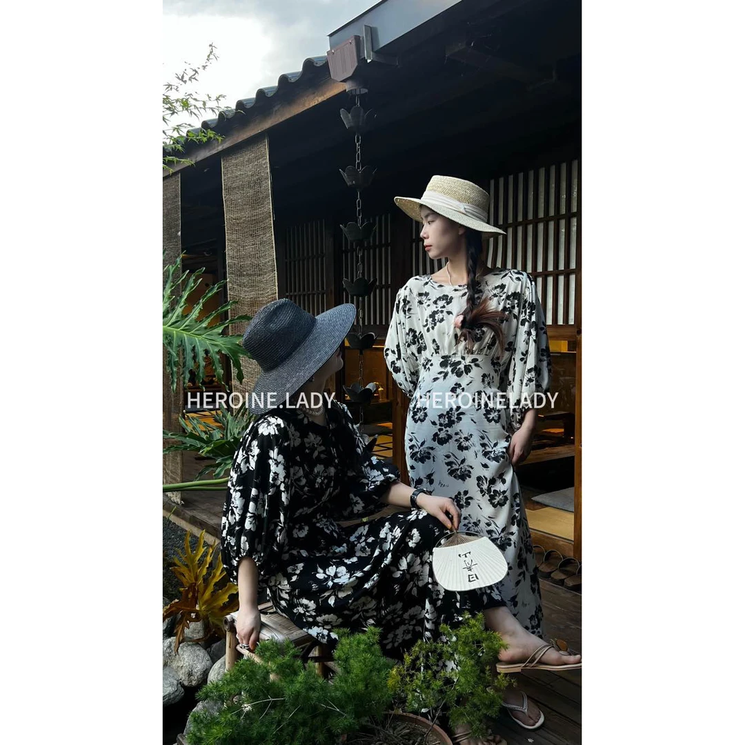 【寻香山茶】HL雪纺气质时尚花朵复古夏季浪漫水墨大裙摆宽松连衣裙