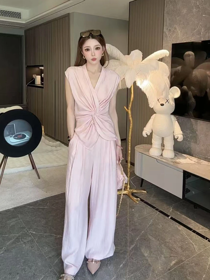 不对称解构扭结设计感上衣女2025夏季新款名媛气质高腰阔腿裤套装