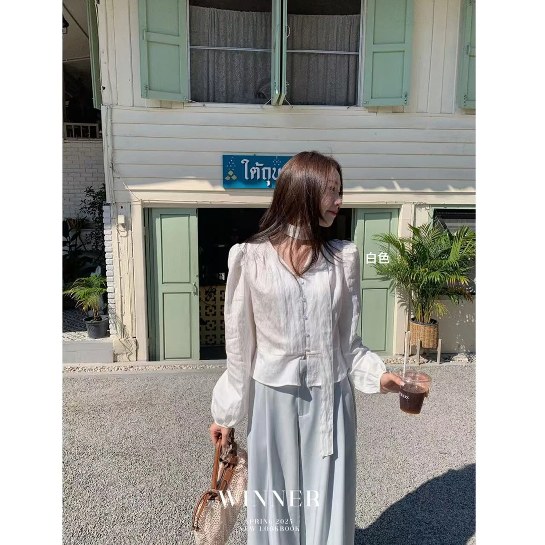 韩系单排扣休闲百搭衬衣（配系带）6609 衣长48