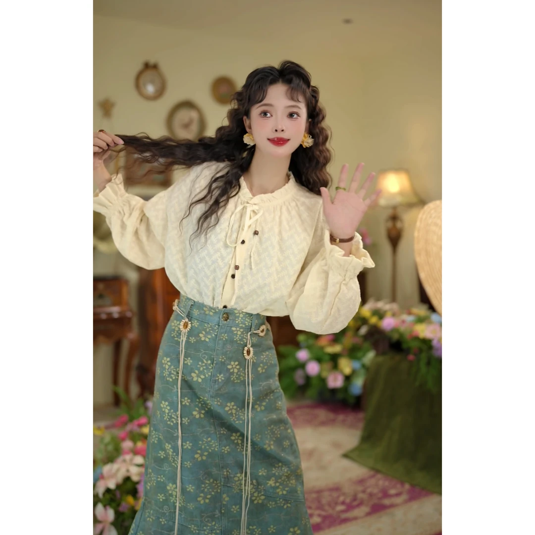 扣子家【南风有穗】港风复古重工提花衬衫宽松显瘦上衣KO1111001