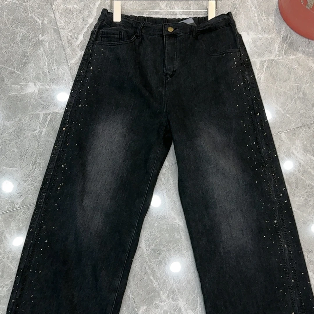重工烫钻高腰刺绣直筒牛仔裤冬季加绒