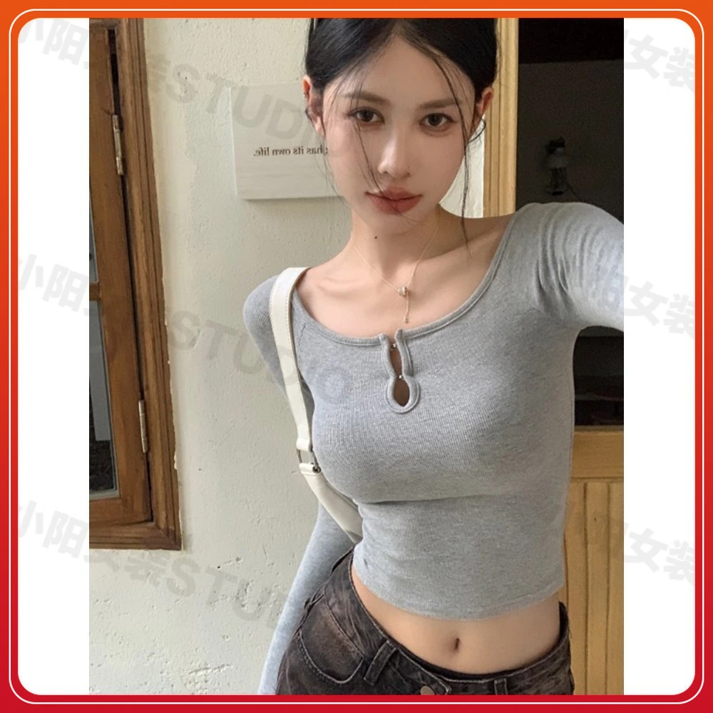 小众女装长袖圆领T恤女春季2024新款修身显瘦露脐短款打底上衣女