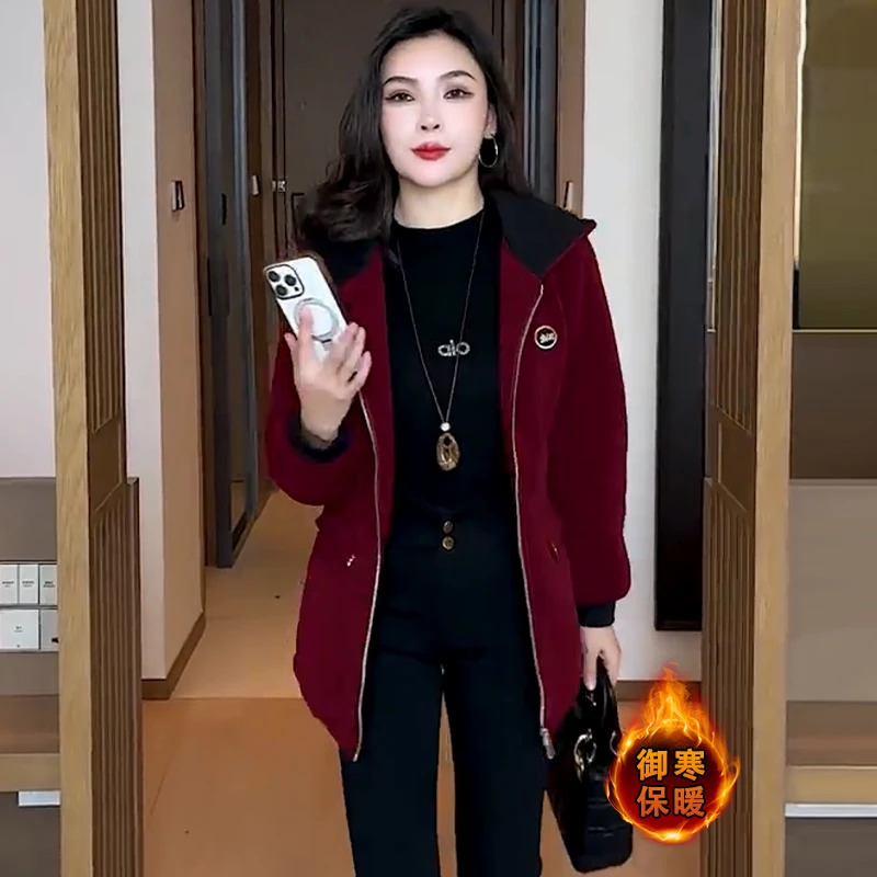 时尚加绒加厚休闲连帽外套女2025秋冬新款洋气显瘦中长款保暖大衣