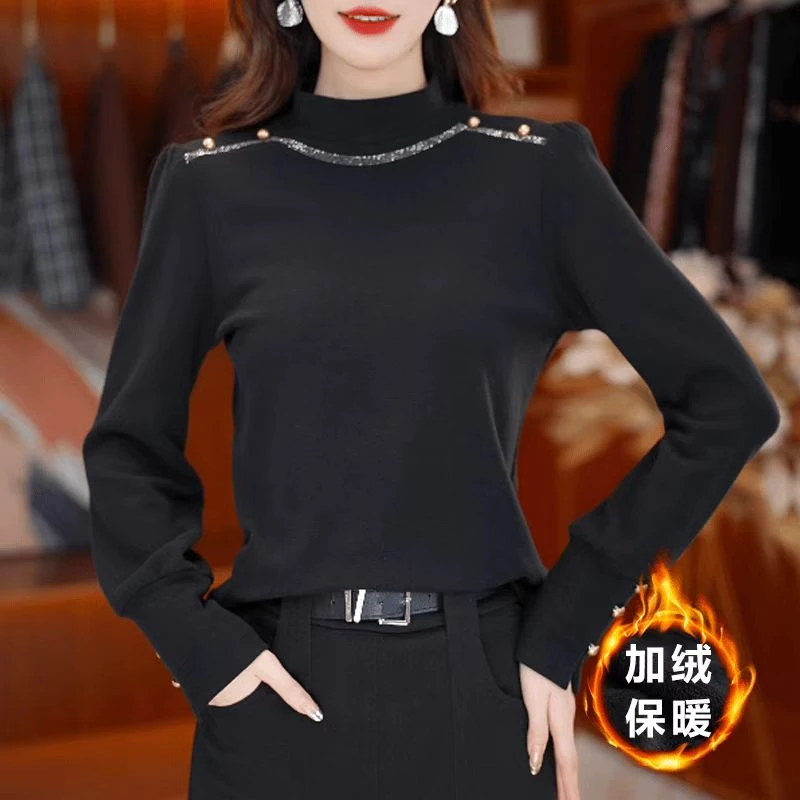 2024冬季新款百搭加绒保暖打底衫女气质洋气设计感长袖上衣T恤