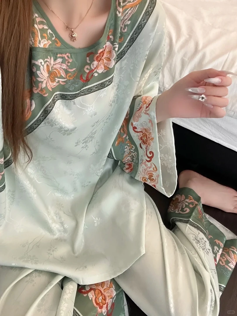 国风新中式复古绿意汉服睡衣女秋季古风长袖长裤套装大码家居服