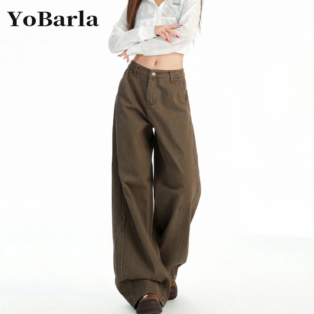 棕咖色直筒牛仔裤女秋冬新款大码胖mm宽松显瘦梨型身材阔腿牛仔裤