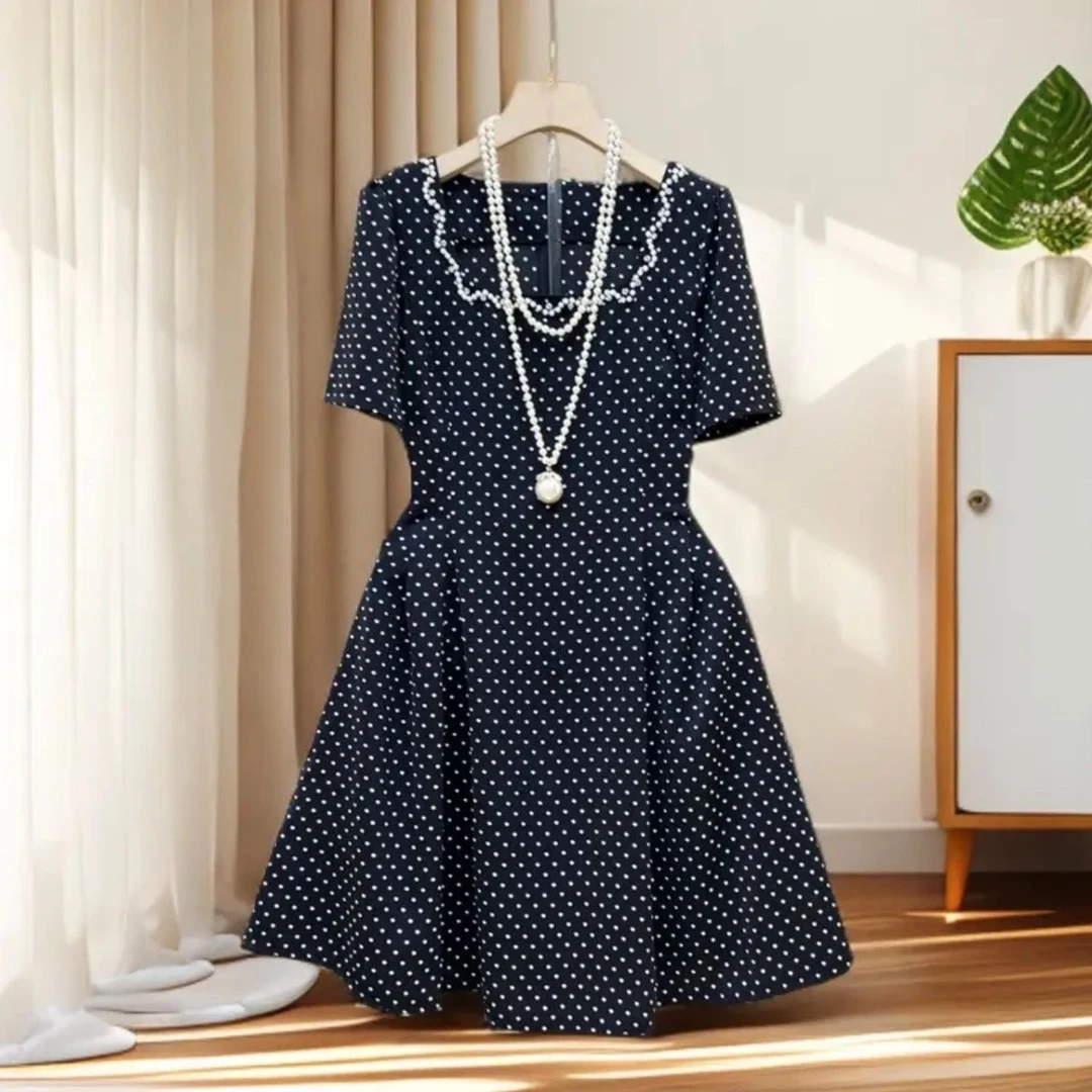法式气质波点钉珠收腰显瘦遮肉夏季连衣裙大码女装