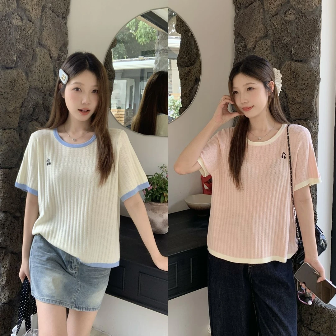 长樱桃刺绣针织衫2025夏季撞色甜美减龄显瘦薄款短袖毛衣69301