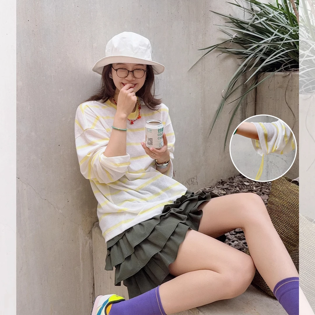 莉贝琳sisy条纹T恤女宽松显瘦遮阳空调衫长袖薄罩衫S25204TS11