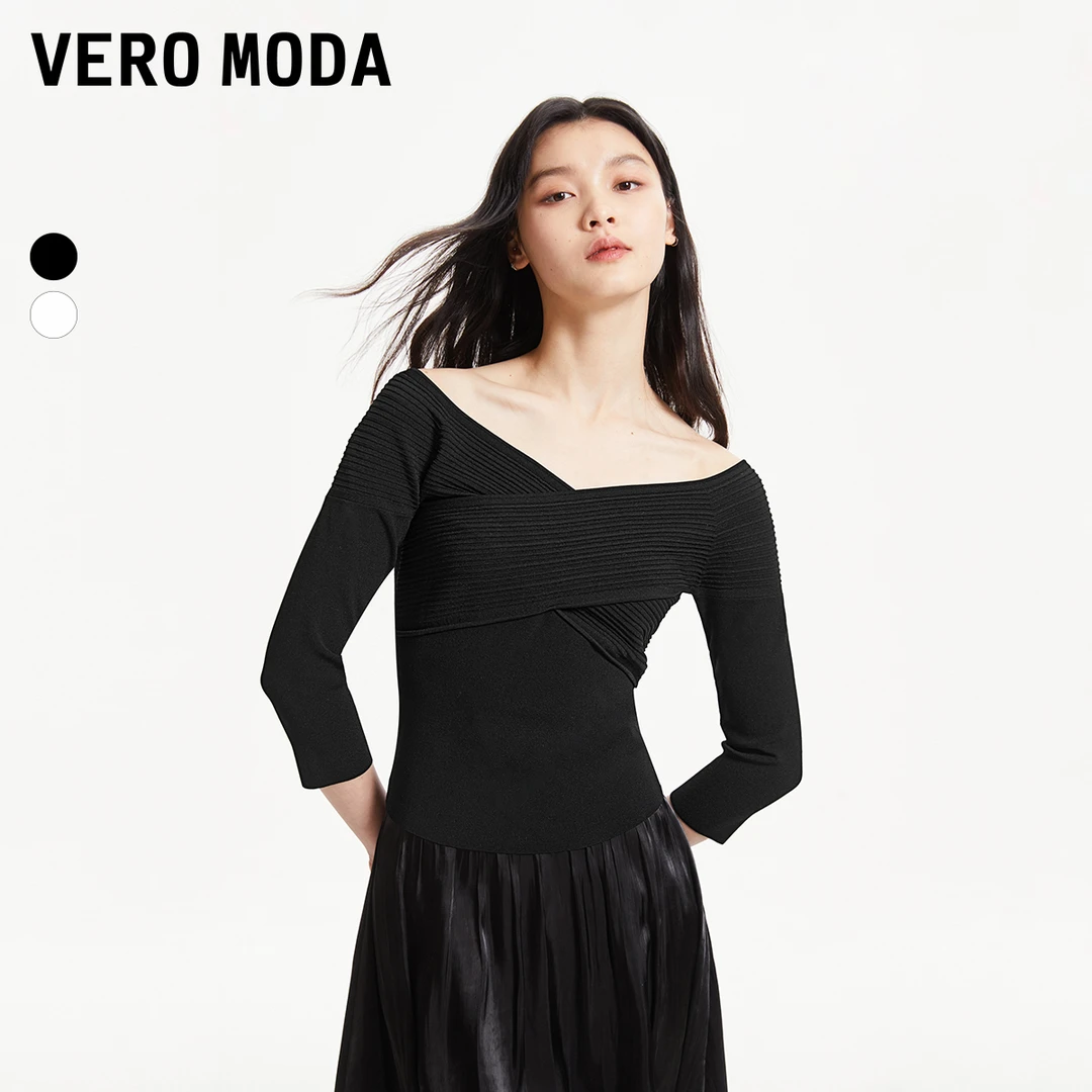 Vero Moda针织衫女商场同款早春新款大领口修身七分袖324124045