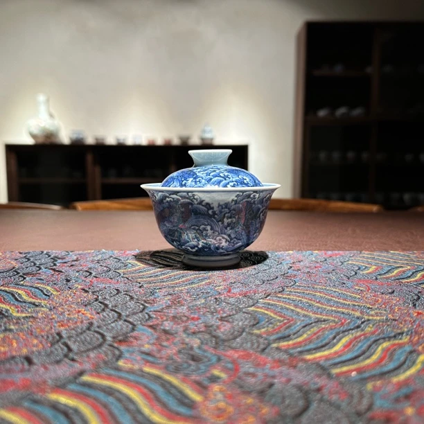 青花海水鱼极品画工品相原矿釉料纯手工二才盖碗盖下100-120毫升