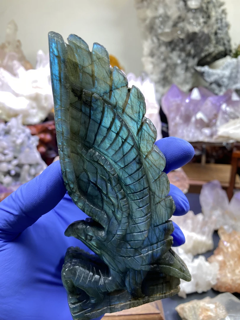 拉长石雄鹰摆件 矿标 白皮透体中式玄关黄色书房摆件桌面