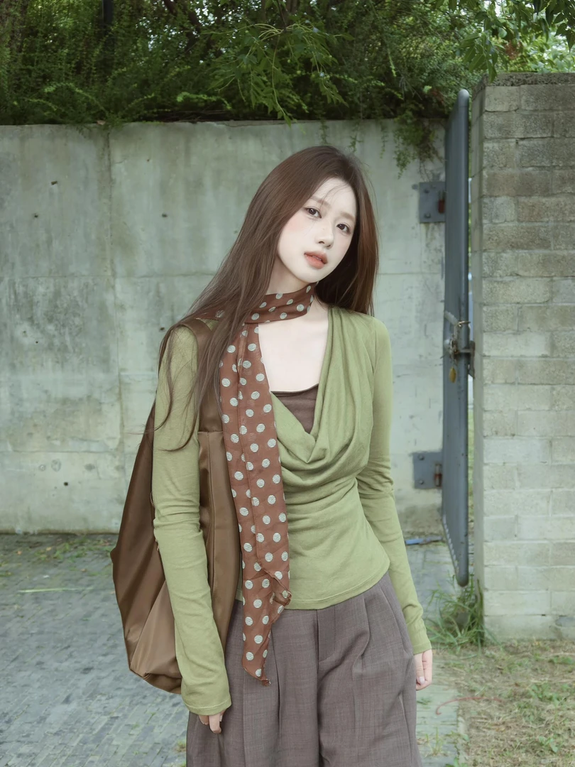 秋季新款韩系设计感荡领撞色上衣休闲裤子高智感cleanfit穿搭套装