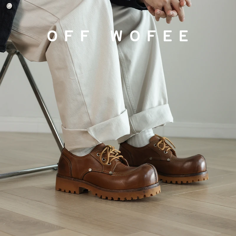 OFFWOFEE水洗马皮复古大头德比鞋黑色大黄靴增高厚底翘头男女皮鞋