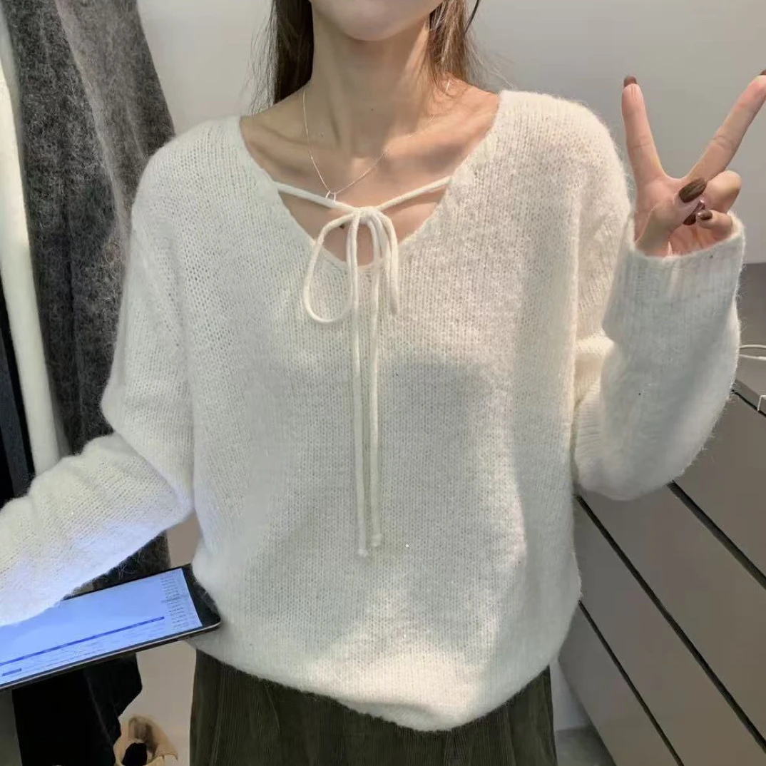 C/06710 韩系甜美V领系带宽松亮片毛衣上衣 9-27