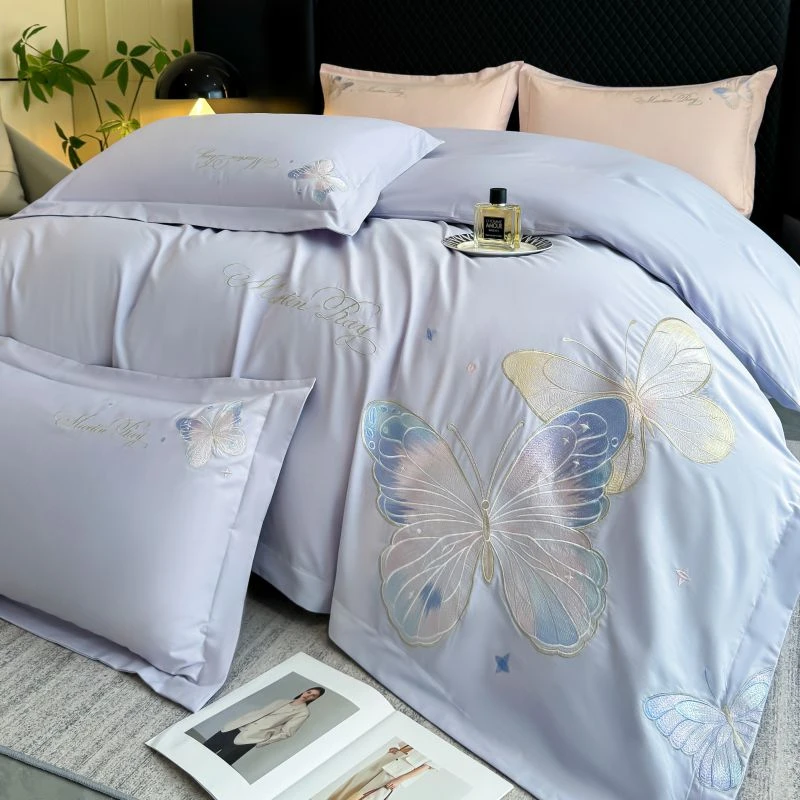 轻奢风蝴蝶刺绣全棉四件套少女心紫色被套床单纯棉床上用品高级感