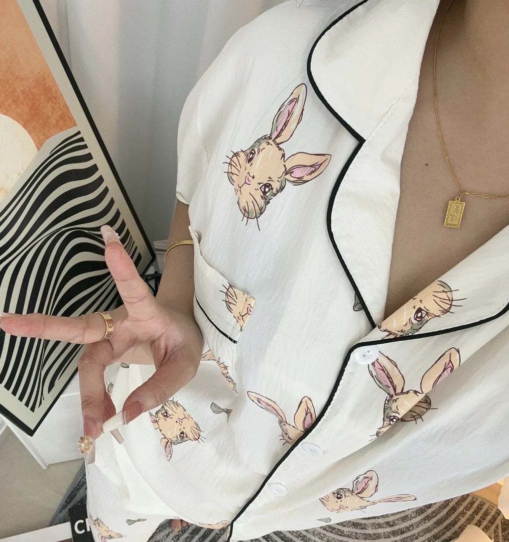 简约兔兔【短袖长裤】云朵棉睡衣套装女夏季2025新款两件套甜美卡通