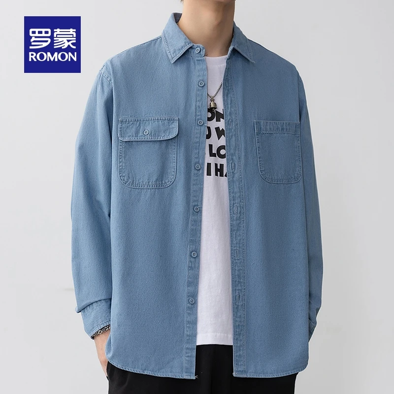 罗蒙尖领宽松男士长袖衬衫春季衬衫潮流牛仔休闲欧若风宽松外套