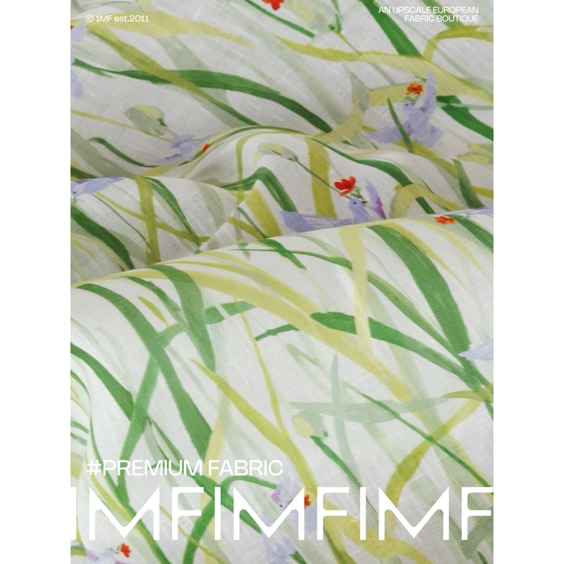 春信 高支高密法国亚麻面料绿草印花服装布料 幅宽140CM