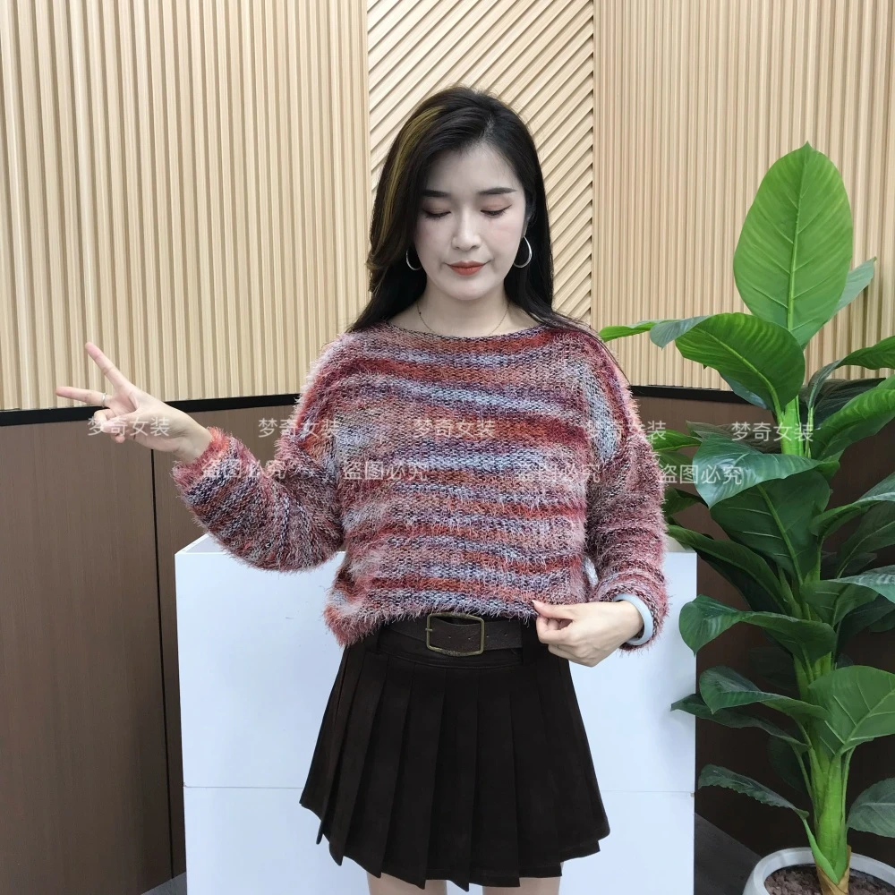 韩版时尚撞色圆领长袖针织毛衣女秋季新款宽松显瘦百搭绝美上衣潮