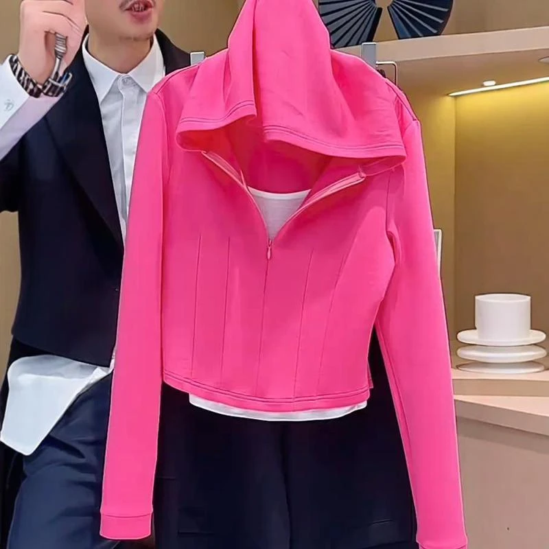 粉色减龄修身显瘦T恤女2025春季新款时髦假两件拼接长袖连帽上衣